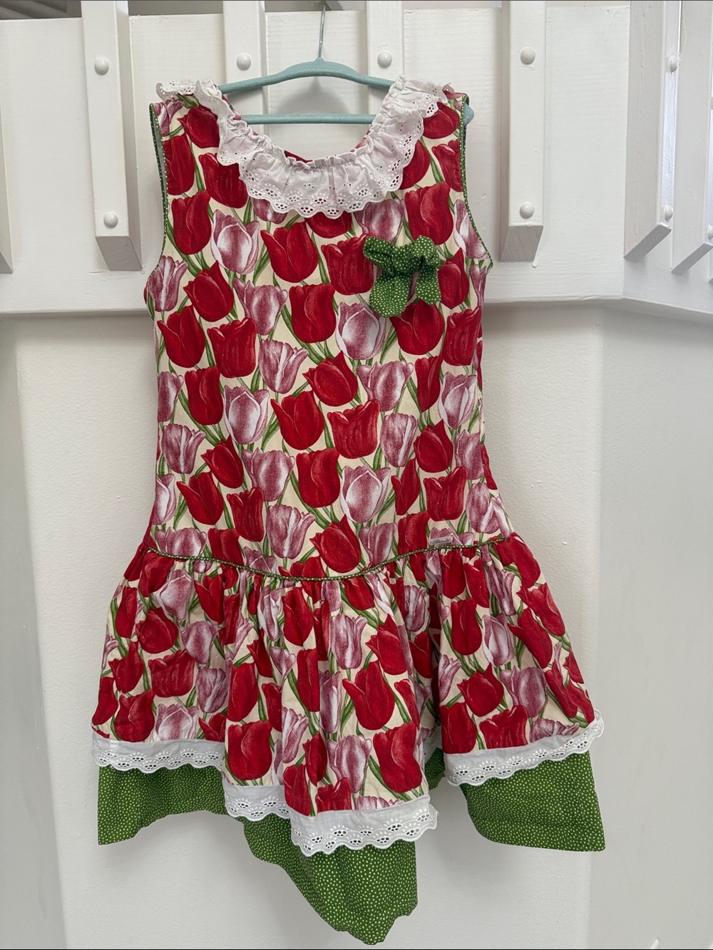 Red Tulip Print Girls' Costume Dress with Green Bow Miranda